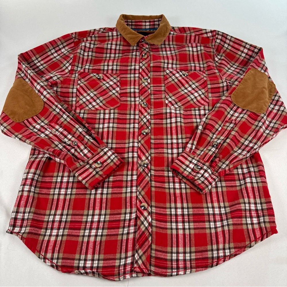 DRL Essentials Plaid Flannel Shirt Mens XL Red Plaid Corduroy Collar Patches